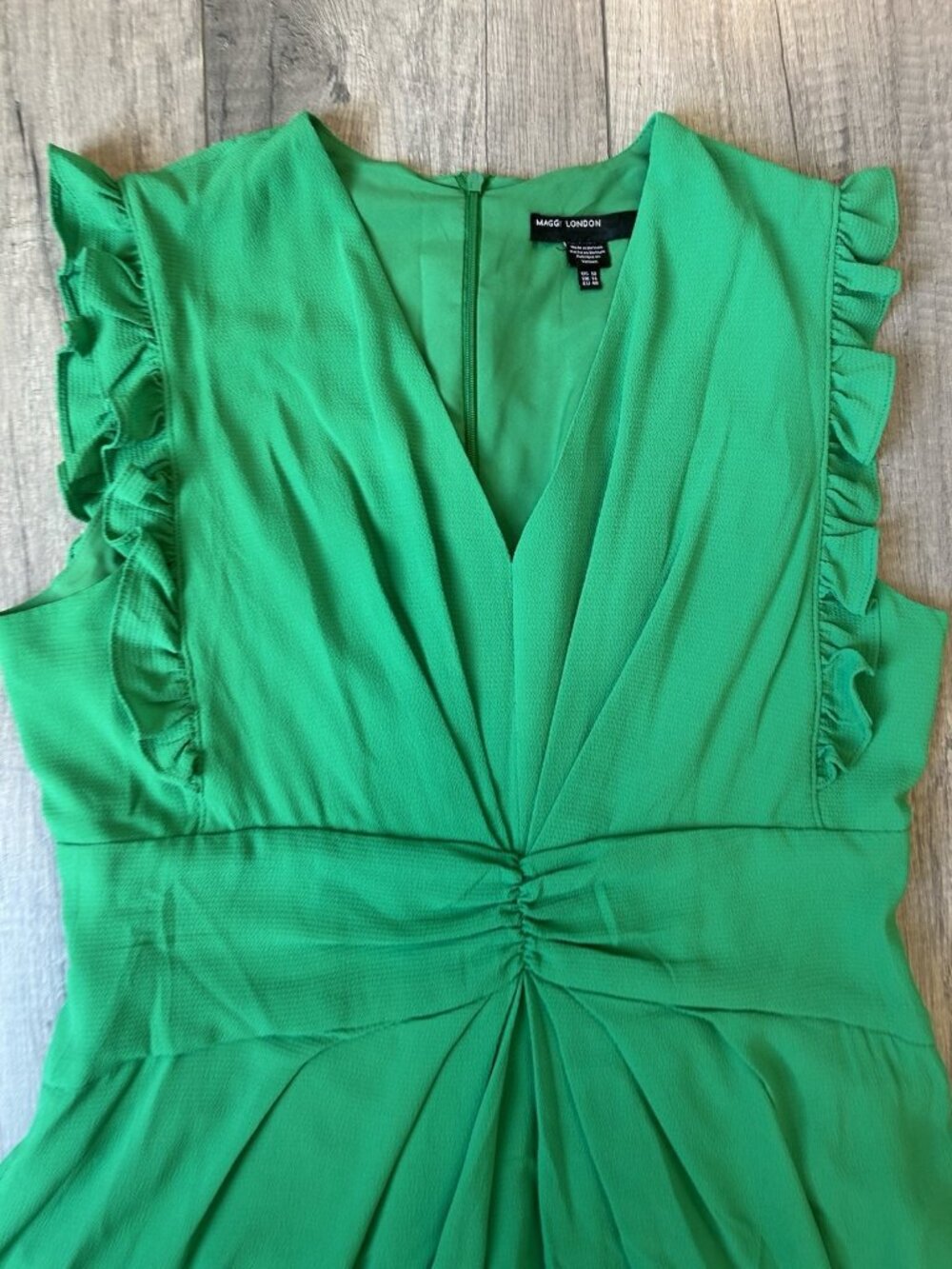 Maggy London Dress Sz 10 Green Chantilly Hi Lo Midi Spring Wedding Guest Ruffle - Picture 2 of 15